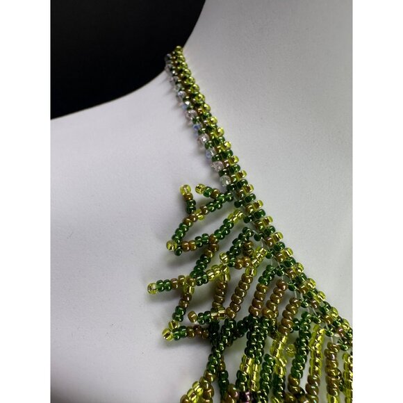 Handcrafted Beaded Waterfall Necklace 18K Gold Plated Natural Emerald Garnet - Picture 2 of 8